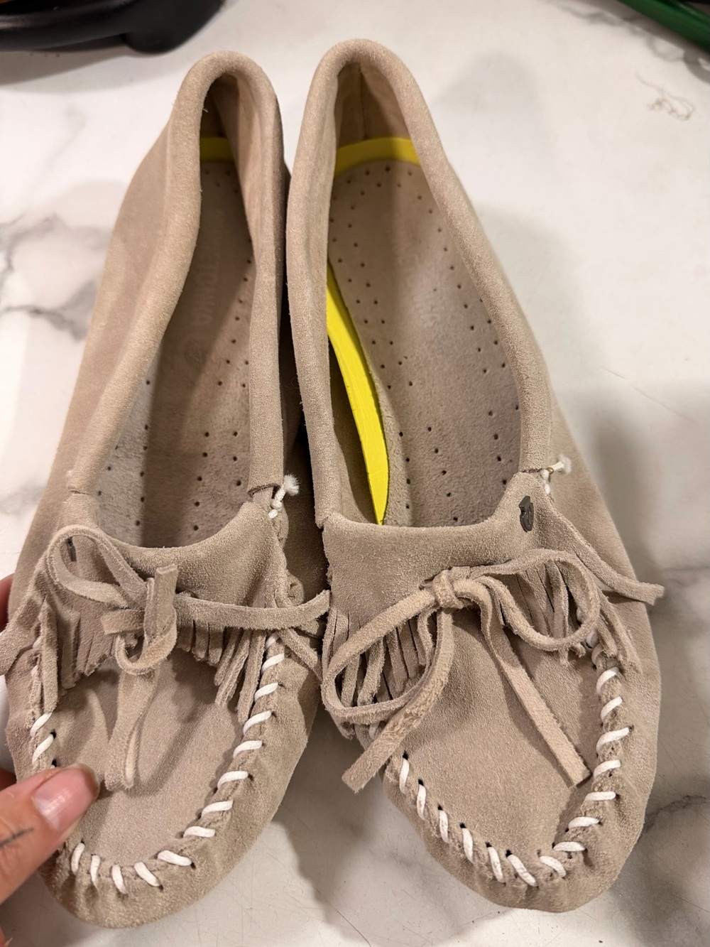 Bandolino Taupe Suede Fringe Moccasins with Whipstitch